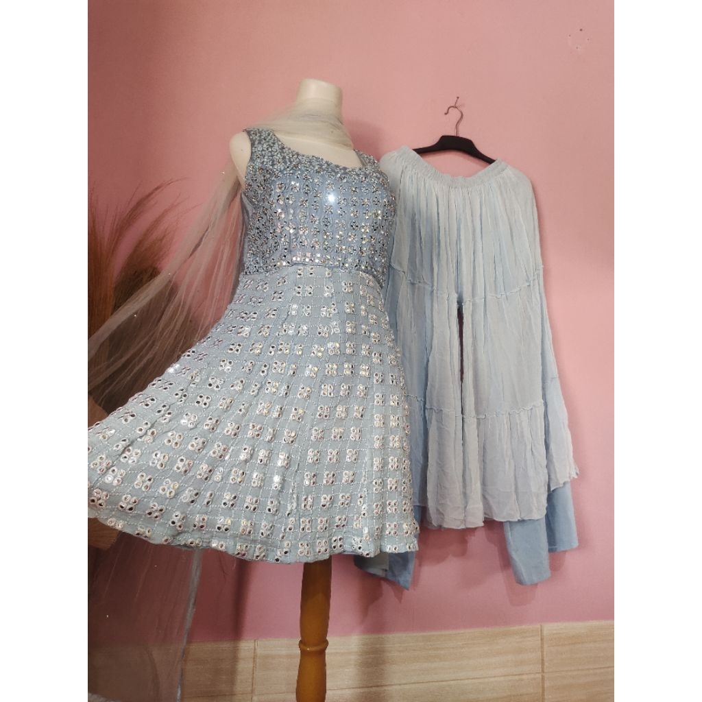 BAJU INDIA/ SET ZARARA PO/ BABY BLUE KACA ASLI