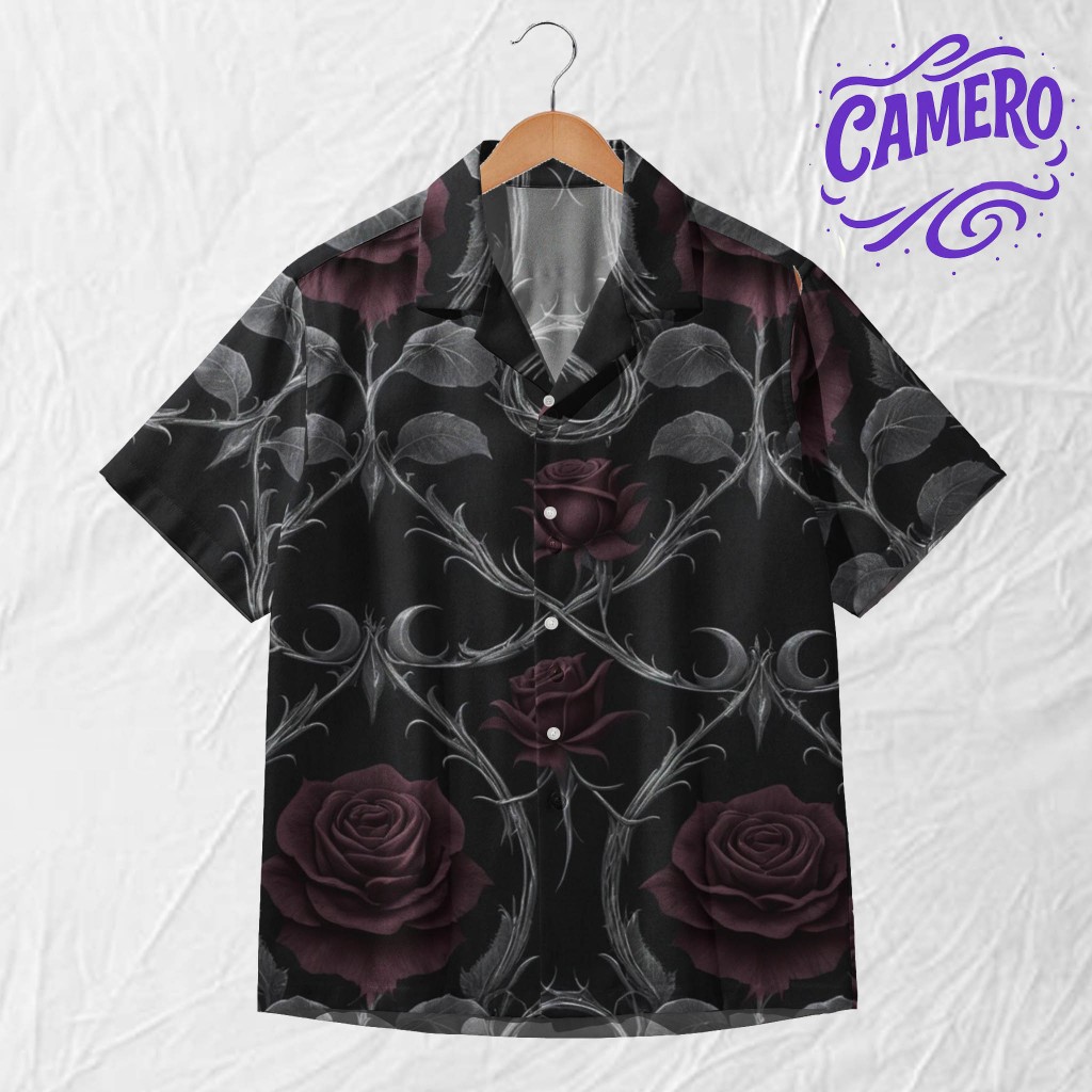 CAMERO Kemeja Pria Gothic – Kemeja Motif Bunga Mawar Berduri – Desain Dark Floral Keren | CM114