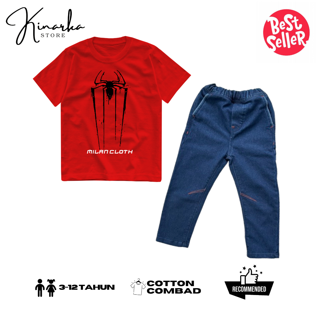 Setelan Kaos Anak / Set Kaos Distro Celana Denim Panjang Anak