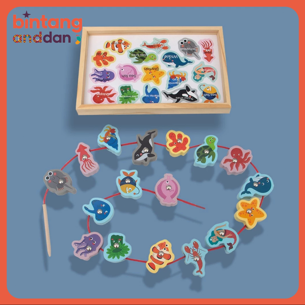 Mainan Edukasi Montessori Anak Meronce Dan Memancing Buah Hewan