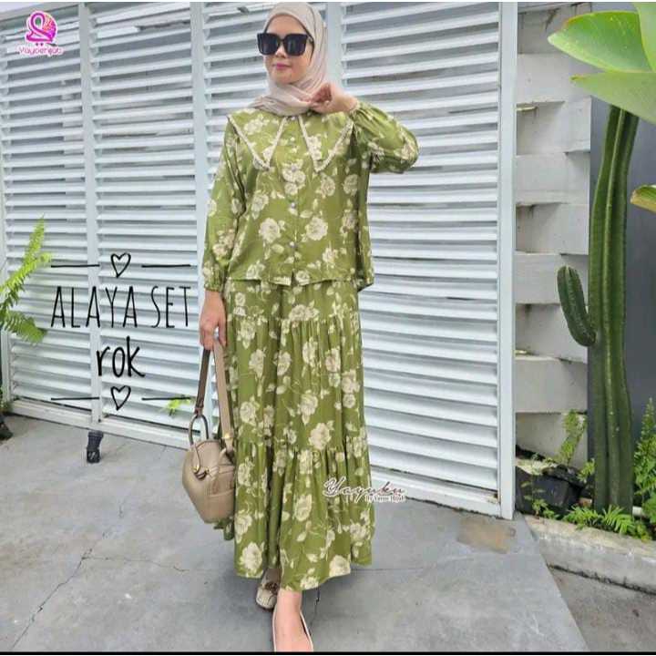 Alaya One Set 2in1 Friendly Terbaru Kekinian Bahan Rayon Setelan Rok Baju Muslimah Wanita