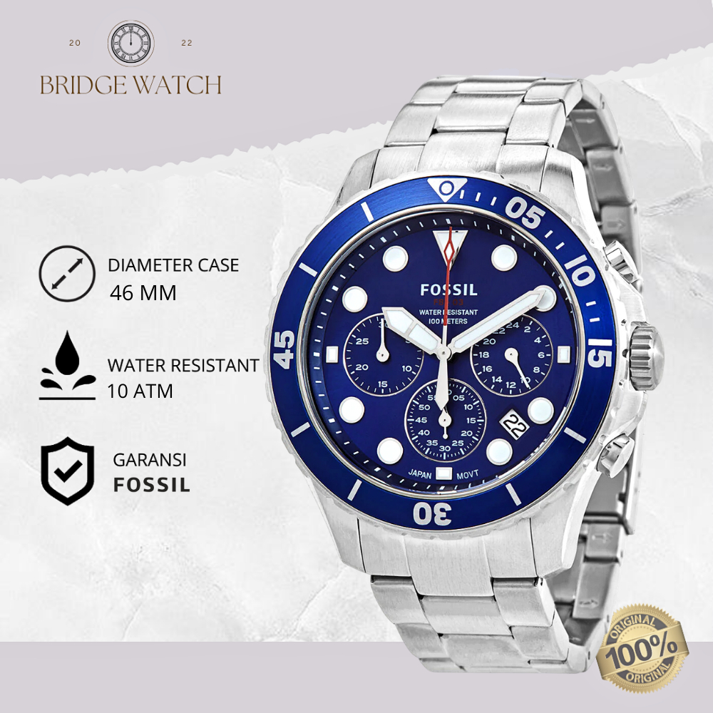 Jam Tangan Fossil Pria FS5724 FB-03 Blue Dial Chronograph Silver Stainless Steel Strap Rantai Mewah 