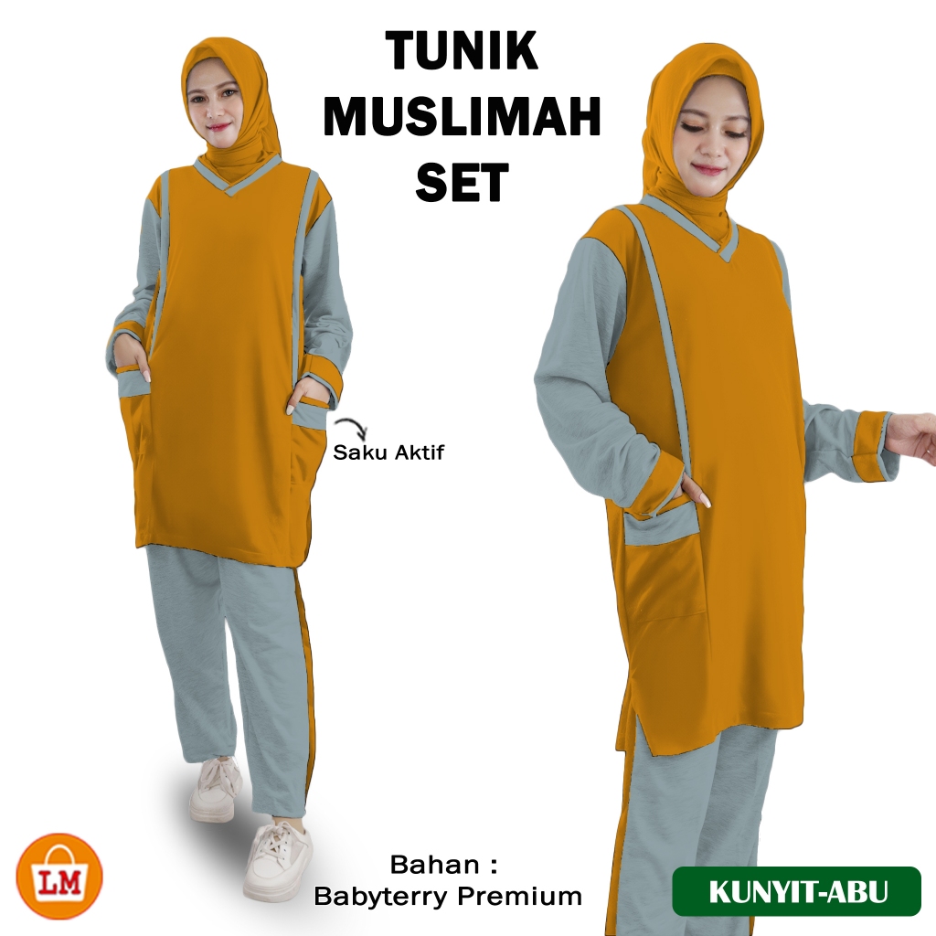TUNIK MUSLIMAH SET Setelan Training Olahraga Senam Zumba Wanita Baju Celana Bahan Babyterry Premium