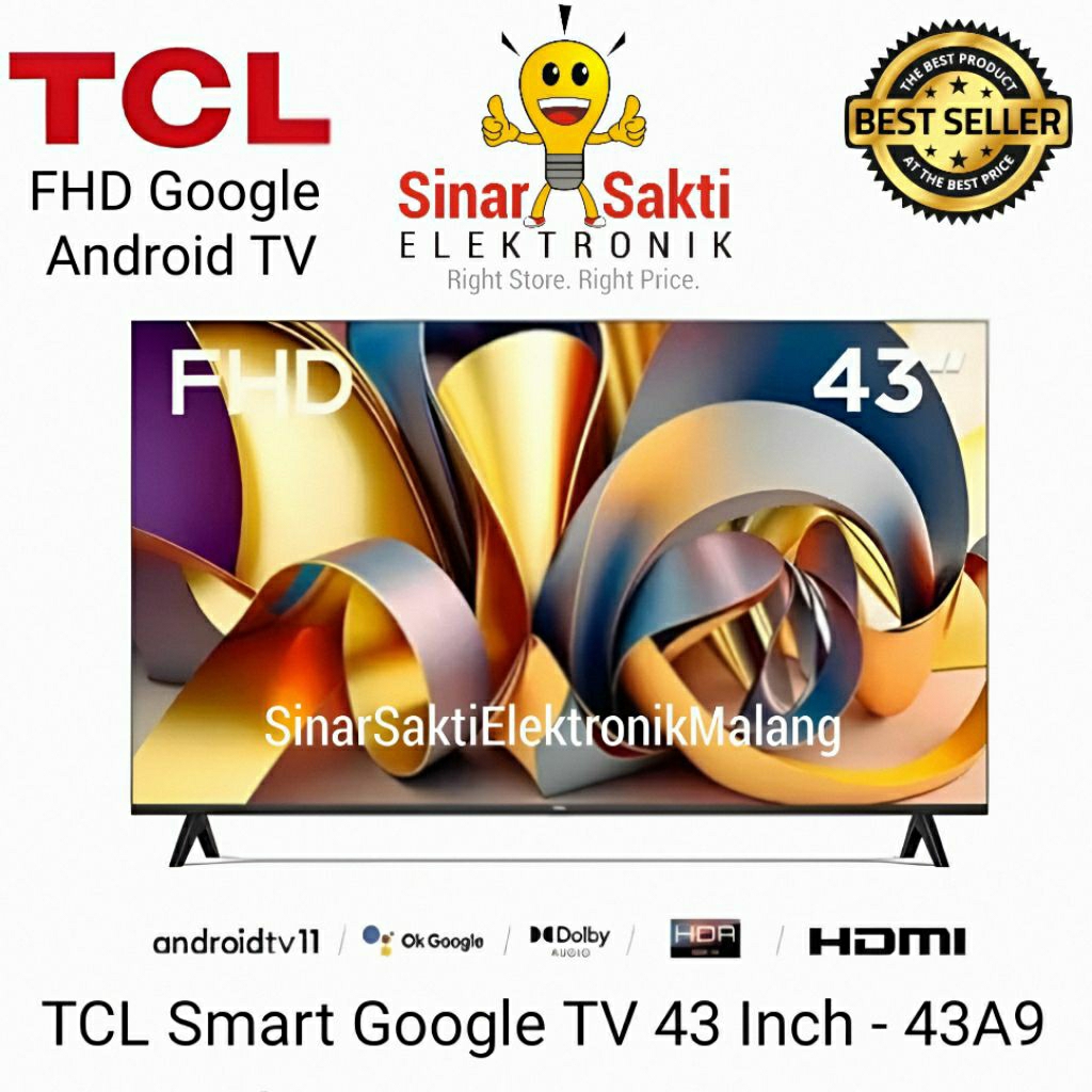 TCL Smart LED TV 43 Inch Android 11 Google TV 43" 43A9 FHD Dolby Audio Malang Garansi Resmi