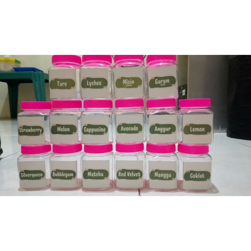 Terlengkap toples bumbu dapur 200ml pink bonus sendok dan stiker bumbu