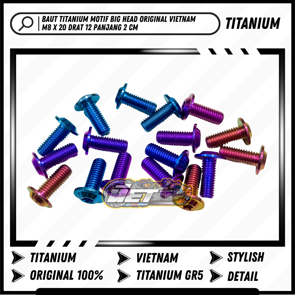 Baut Titanium M 8 x 20 Big Head Drat 12 Panjang 2 Cm GR5 | Silver Brown Light Blue Gold Pink Maroon 