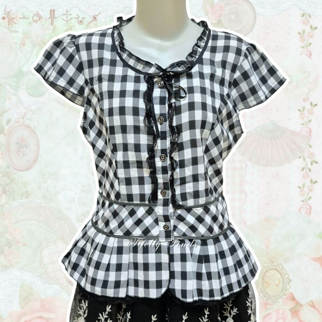 black gingham blouse coquette milkmaid slimfit sawako shoujo shabby acubi bow ribbon japan kawaii lo