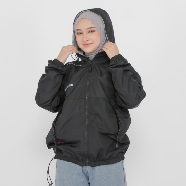 BLUERED | Jaket Parasut wanita/Hitam/Bolak Balik/Cewek Cowok/Fashion/Jaket Motor/Outfit