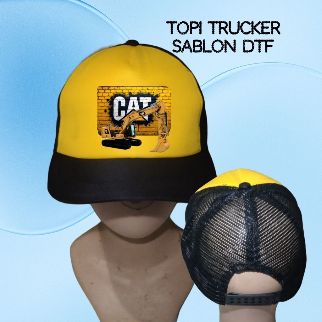 Topi trucker sablon cat excavator/topi Hitam kombinasi kuning
