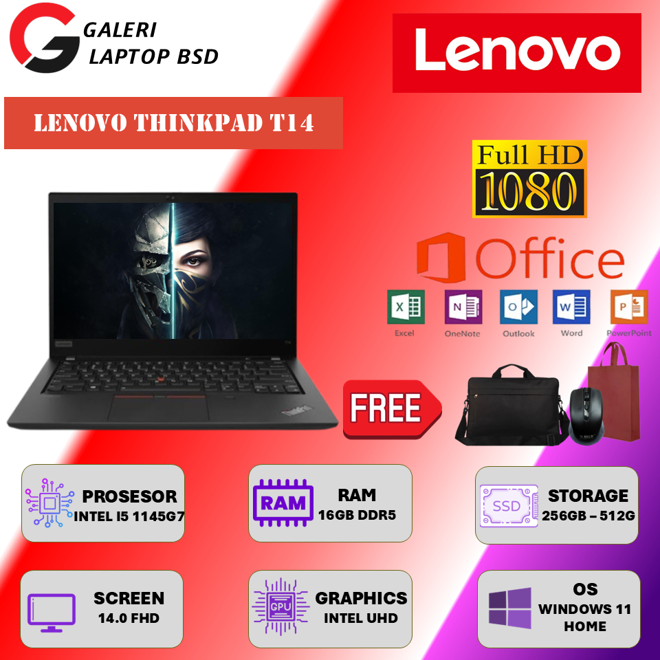 Laptop Kerja Lenovo Thinkpad T14 Intel i5 1145G7 Ram 16GB Ssd 512GB Full HD Windows 10 Pro