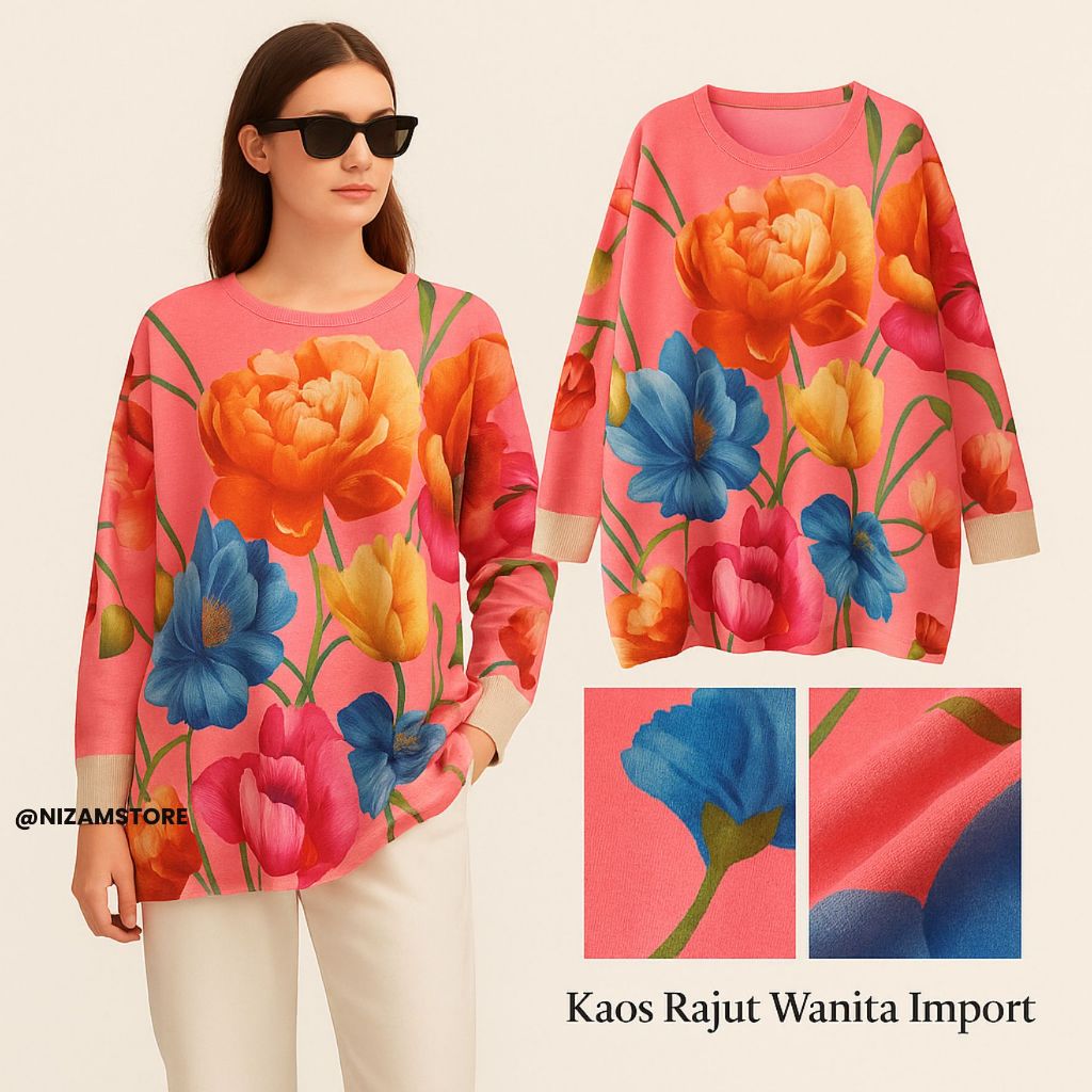 Kaos Rajut Wanita Import Oversize Motif Bunga Premium – Atasan Rajut Printed Elegan Nyaman Dipakai