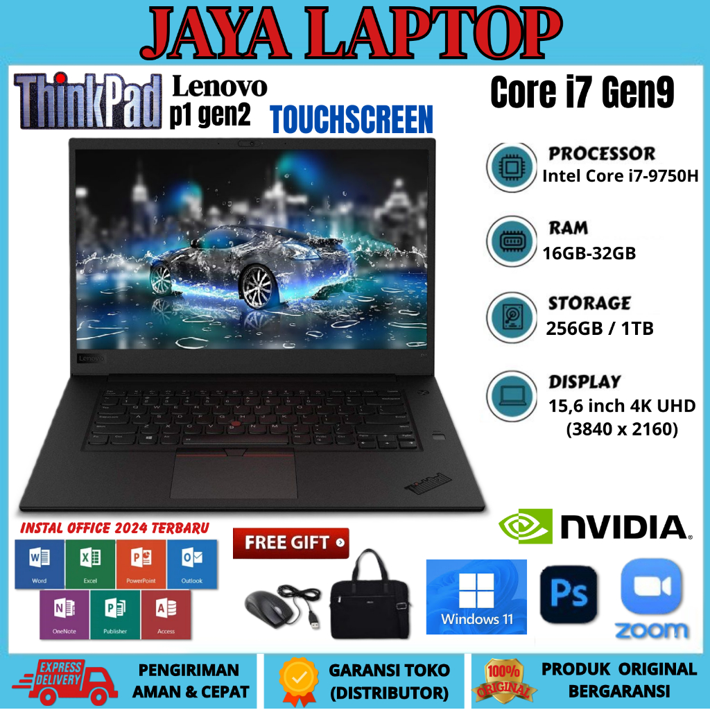 LAPTOP THINKPAD P1 GEN2 Core i7 9th TOUCHSCREEN NVIDIA RAM 32GB/1TB FREE TAS DAN MOUSE