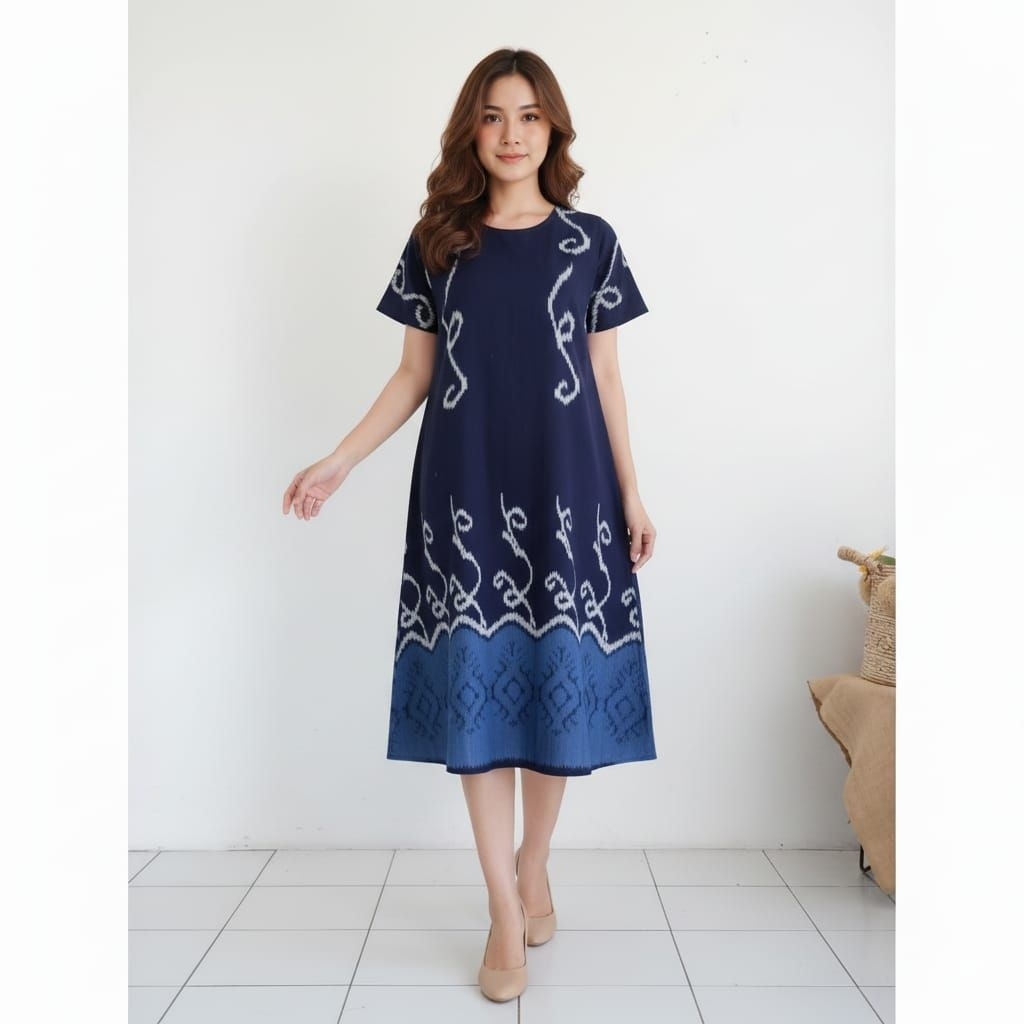 Dress Tenun Motif Gelombang Laut
