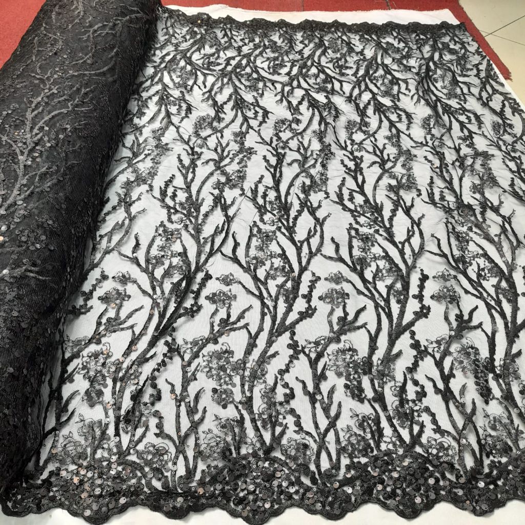 Kain tulle lace bordir motif akar terbaru full payet piring mewah