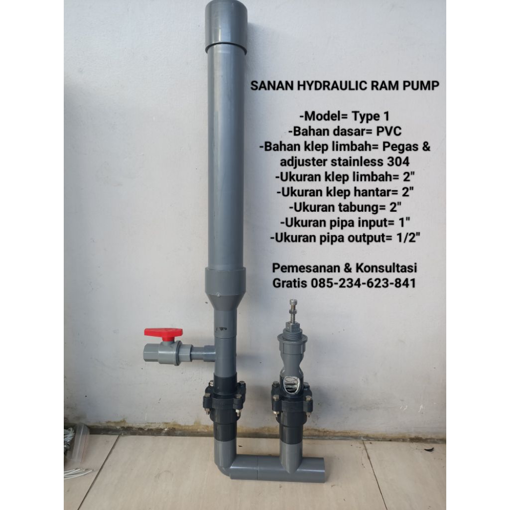 Pompa hidram Sanan tipe 1 Single klep limbah, Input 1" Output 1/2", Buatan Sanan Hydraulic Ram Pump