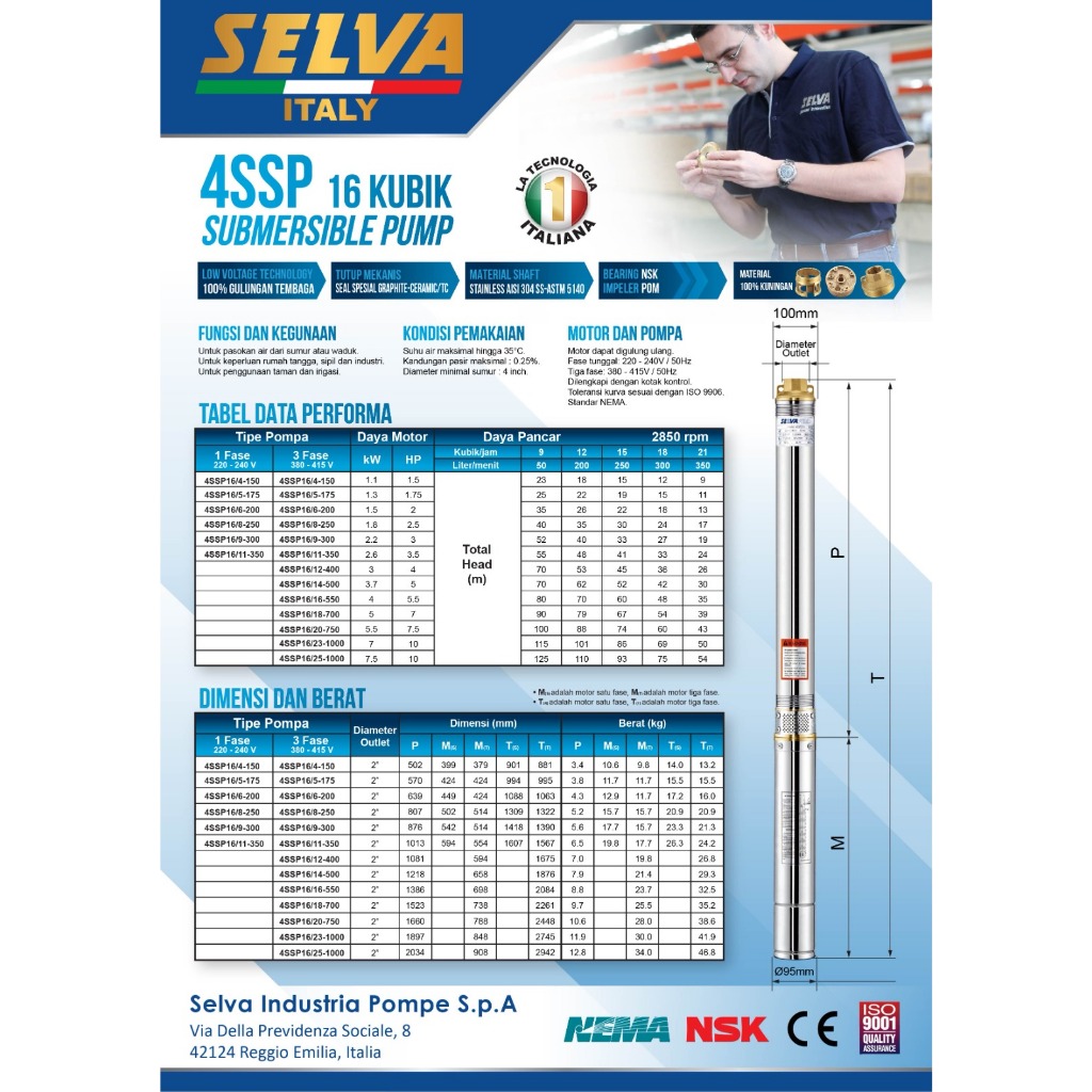 Submersible Pump 4" Inch 2HP 2 HP Pompa Celup Satelit Selva 16 Kubik 4SSP16/7-200