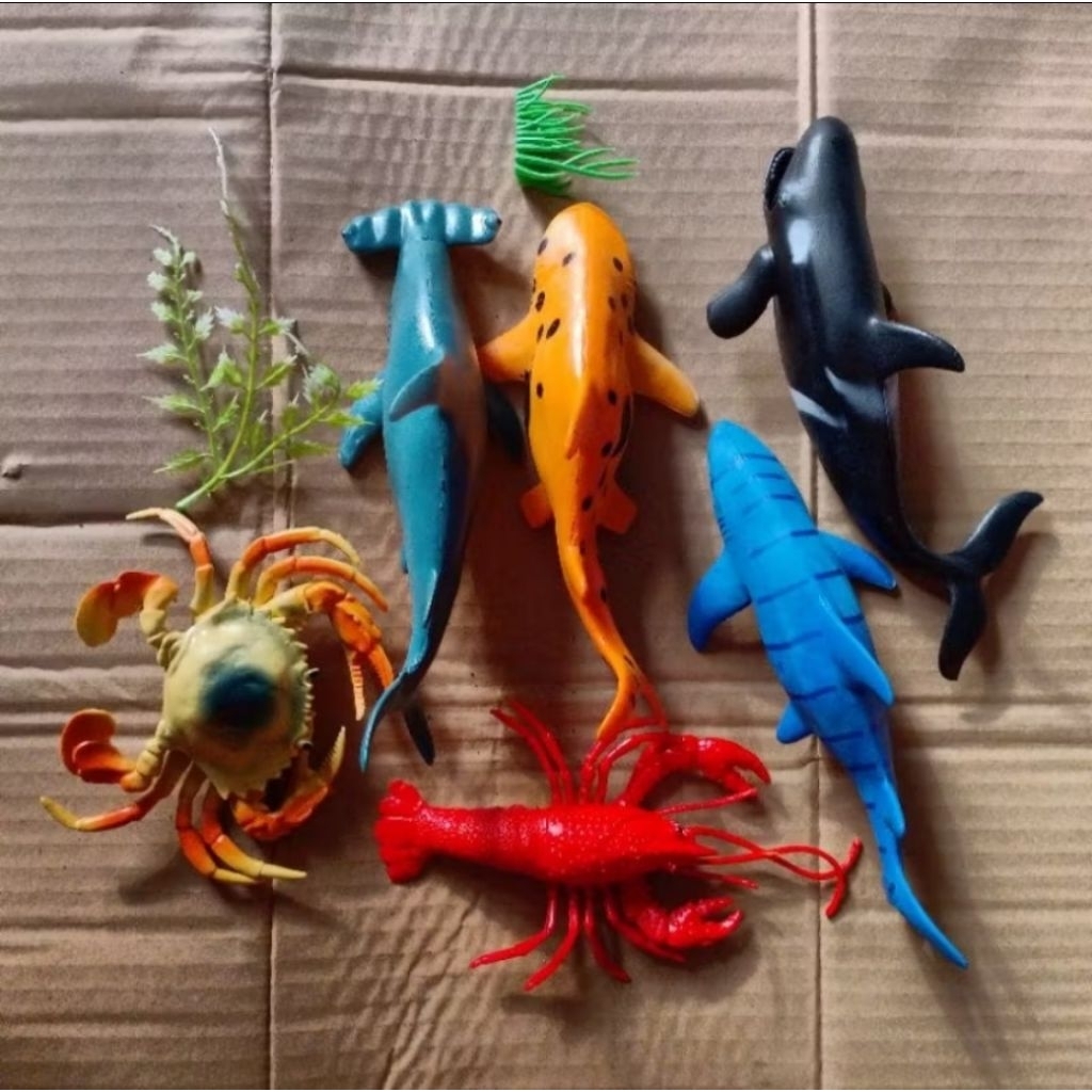 Hewan Laut Karet mainan anak IKAN rubber paus hiu whale shark lobster udang prawn  kuda laut pari gu