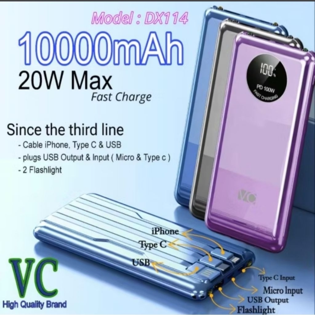 VC Power Bank 10000MAH Model DX,114 Capacity Type Ciput DC 5V 3A /9V 2,2A 12V 66A /PD 20W Max/Power 