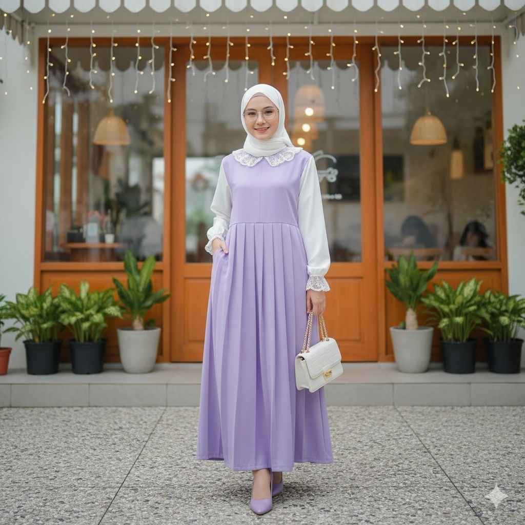 GAMIS POLOS WARNA UNGU MUDA + RENDA TILE