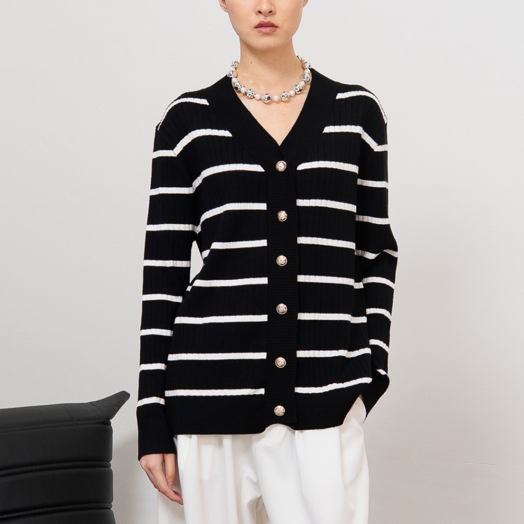 This Is April Baju Outerwear Rajut Wanita Lengan Pajang Harlow Cardigan Knit Black dan White
