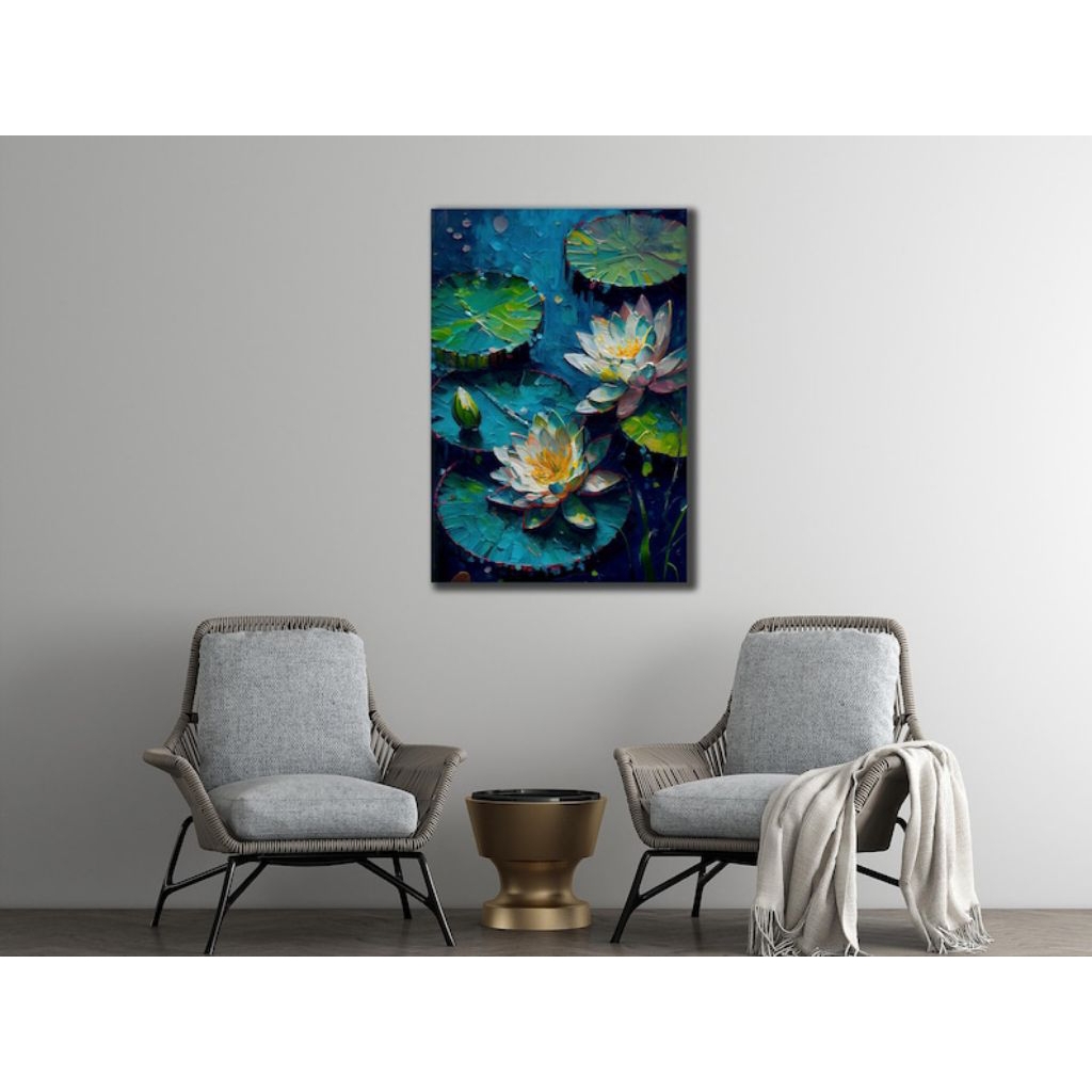 Lukisan bunga teratai tekstur timbul, pajangan dinding