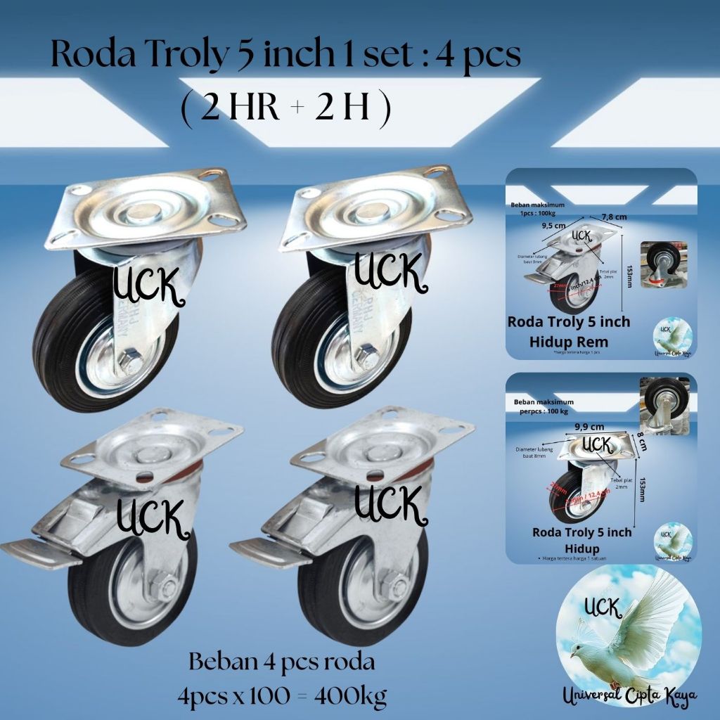 Roda troli Karet 5 inch troly kastor 1 Set 4pcs( 2Hidup Rem 2 Hidup ) roda 5"