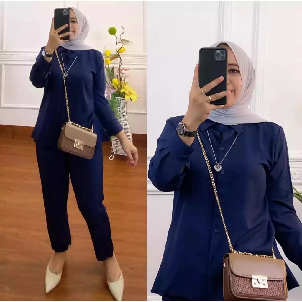 Setelan Wanita Setcel Polos Kemeja Full Kancing One Set Wanita Trendy Busui