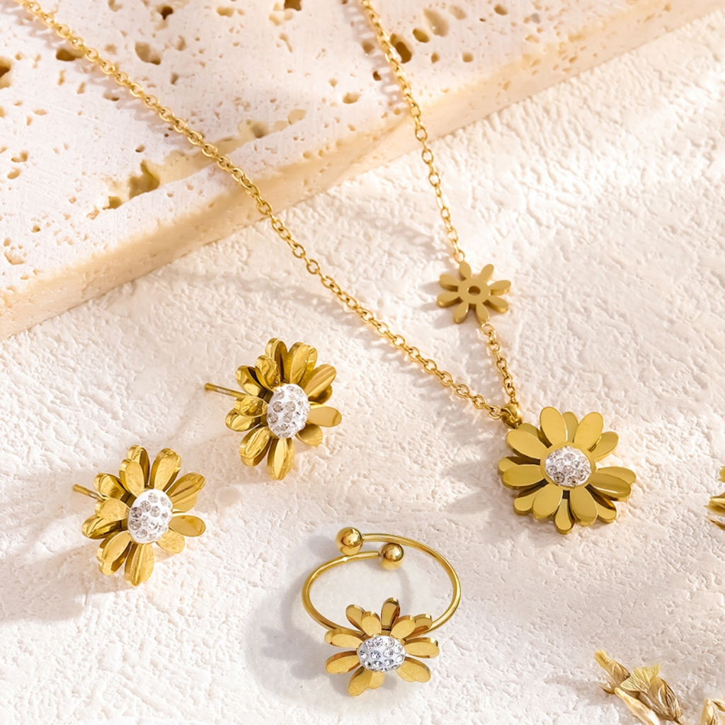 Set Perhiasan Titanium Anting Cincin dan Kalung Berlian Bunga Daisy Cantik Aksesoris Fashion Korea L