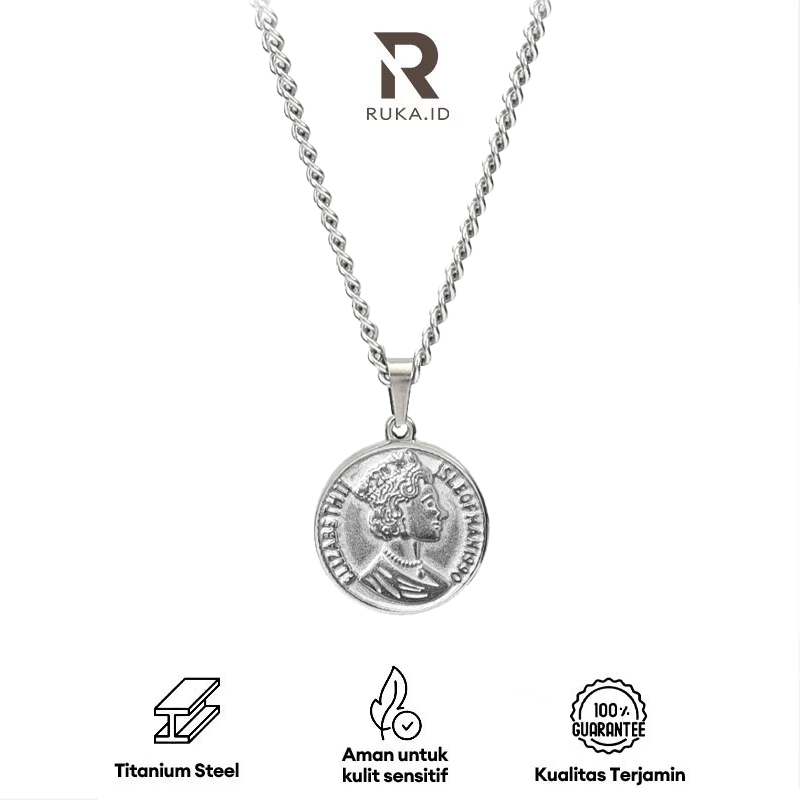 RUKA Kalung Titanium Anti Karat  Small Iron Coin Patung Ratu Mahkota Liontin Pria Dan Wanita