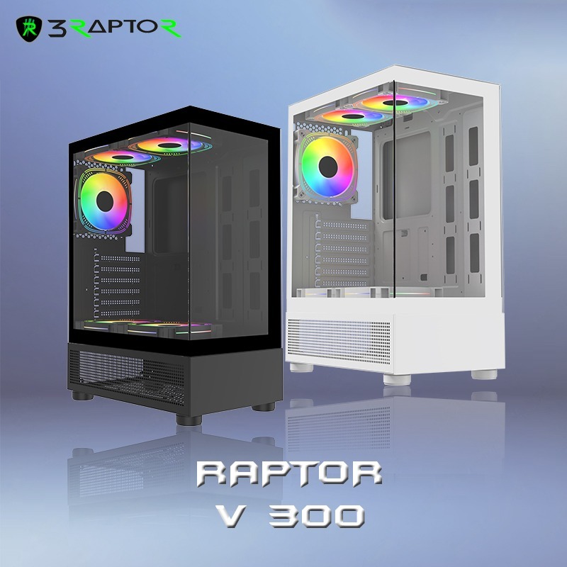 Casing PC Gaming Raptor V300 ATX M-ATX ITX Tempered Glass + 3 Fan RGB - Hitam / Putih