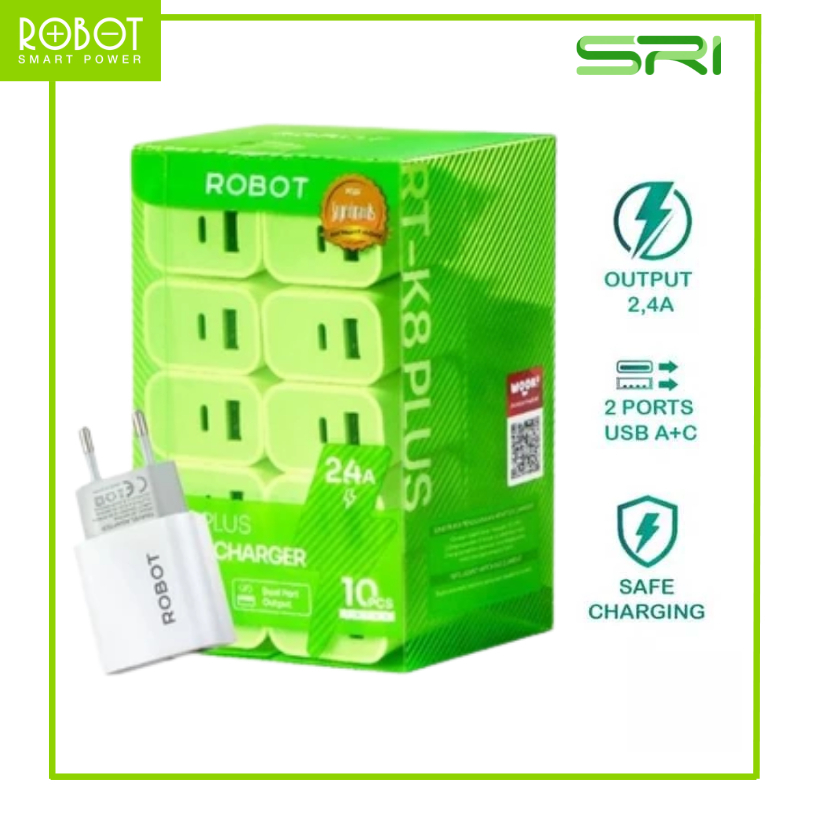 KEPALA CHARGER ROBOT RT-K8 PLUS Charger Adaptor 2.4A Dual Output USB-A + USB-C