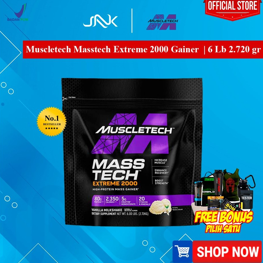 Muscletech Mass Tech Extreme 2000 6 Lb | High Protein Mass Gainer Bulking Naik Berat Badan Masstech
