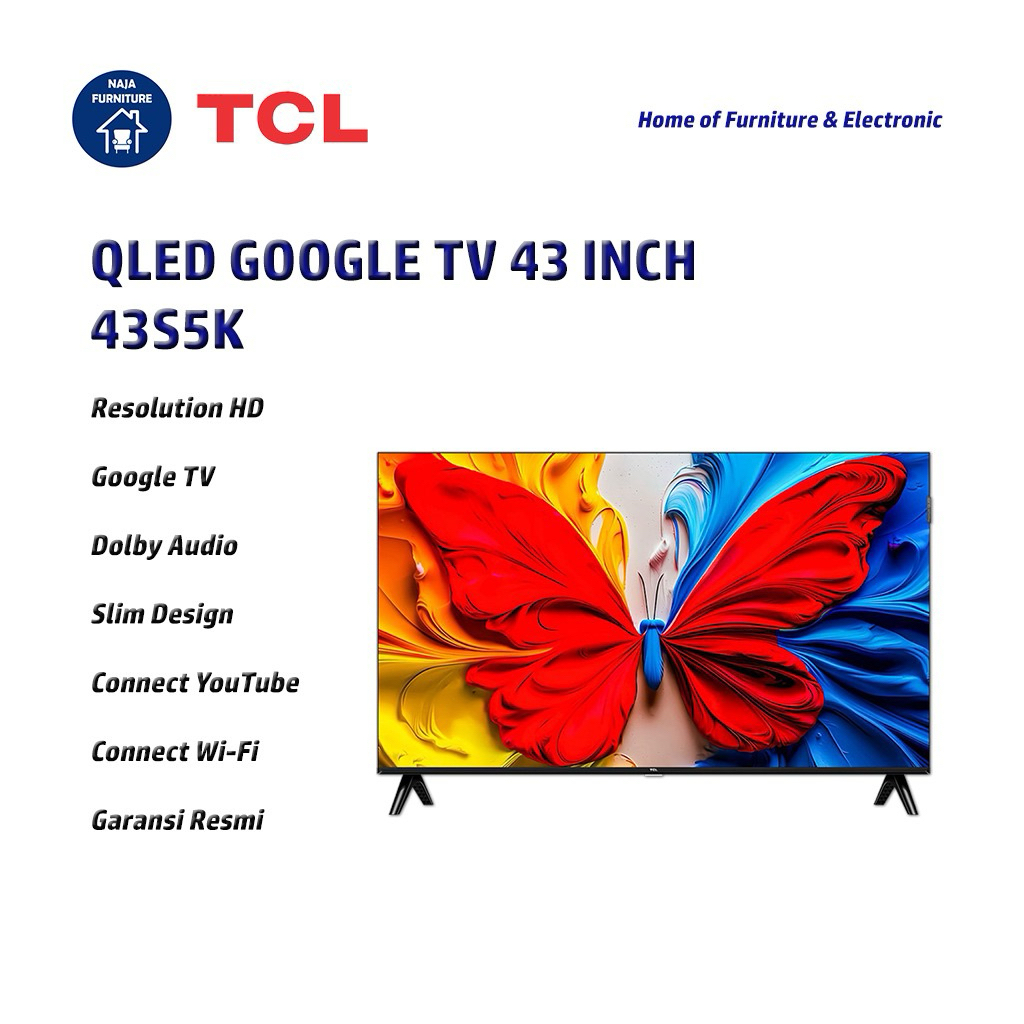 TCL QLED 43 Inch Google TV 43S5K | TCL 43 Inch Google TV | QLED TV TCL Garansi Resmi | Dolby Audio |