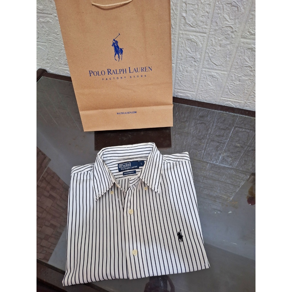 Kemeja Stripe White n Black Shirt Polo Ralph Lauren Pria Wanita Cotton Second Original