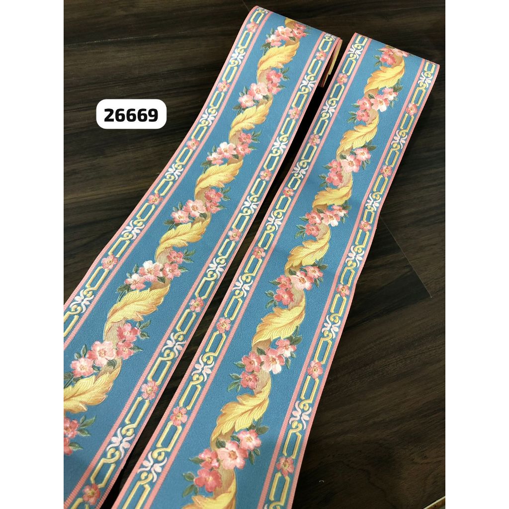 WALLPAPER BORDER LIS MOTIF BUNGA BIRU PINK MEWAH