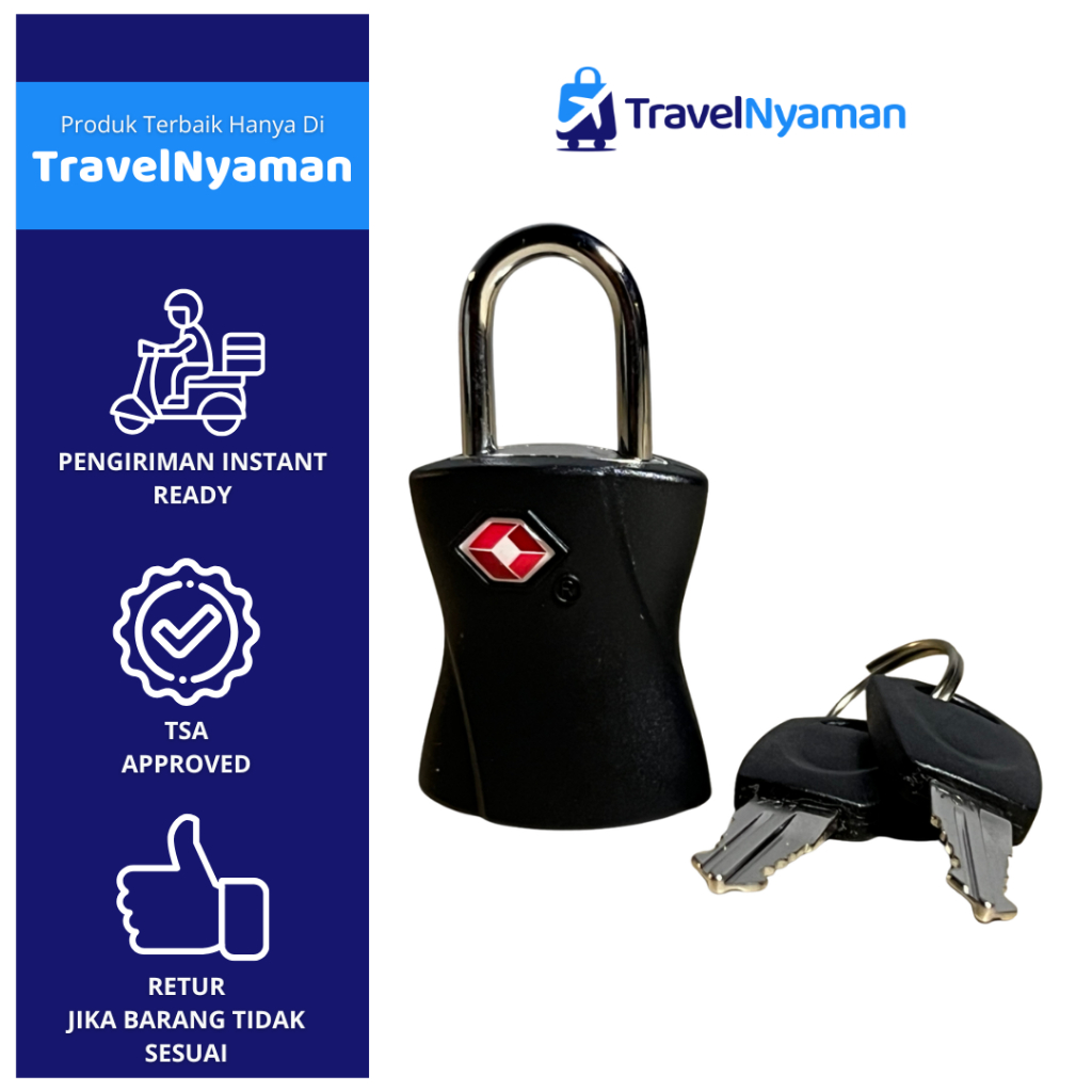 TRAVELNYAMAN Gembok Koper dengan Kunci Padlock Besar TSA Approved Hitam