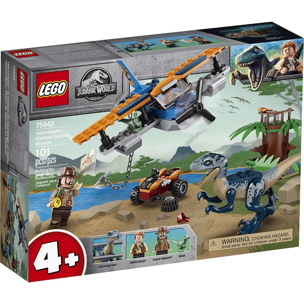LEGO Jurassic World Velociraptor: Biplane Rescue Mission 75942, Dinosaur Toy for Preschool Kids, Fea