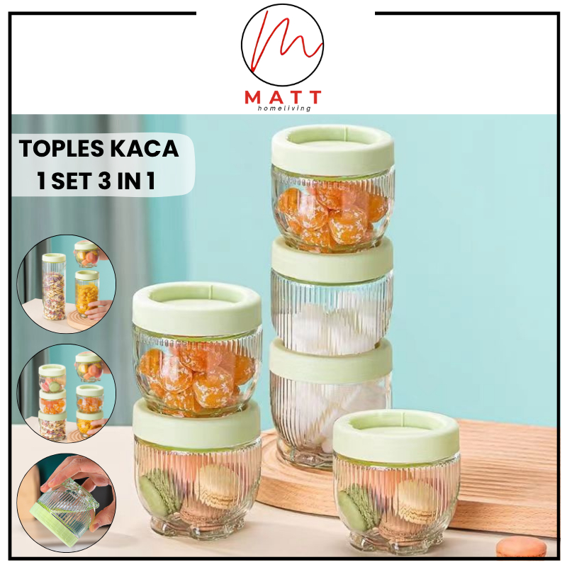 MATT Toples Kue Lebaran Kaca 1 Set 3in1 / Toples Kaca Gladies Hazel Bening Anti Tumpah 3 pcs / Set S