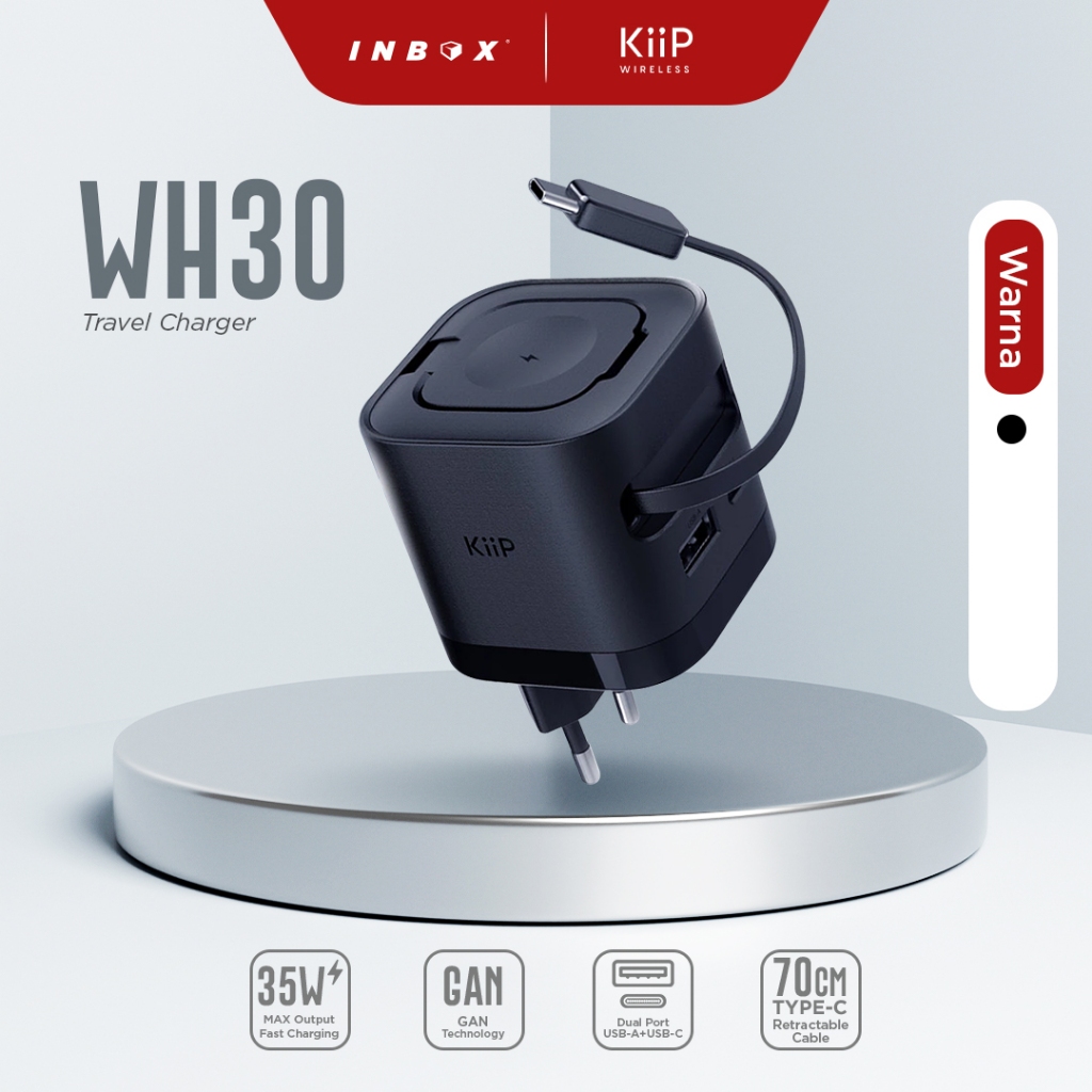 KiiP WH30 3in1 Adapter Fast Charger GaN 35W Retractable Cable Built in Magnetic Wireless Apple Watch