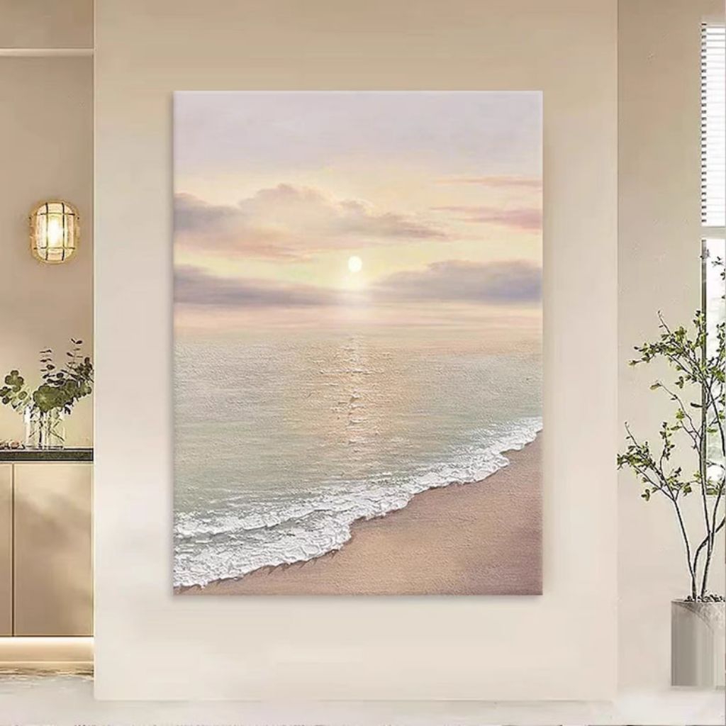 Lukisan pemandangan laut tekstur timbul, minimalis modern.