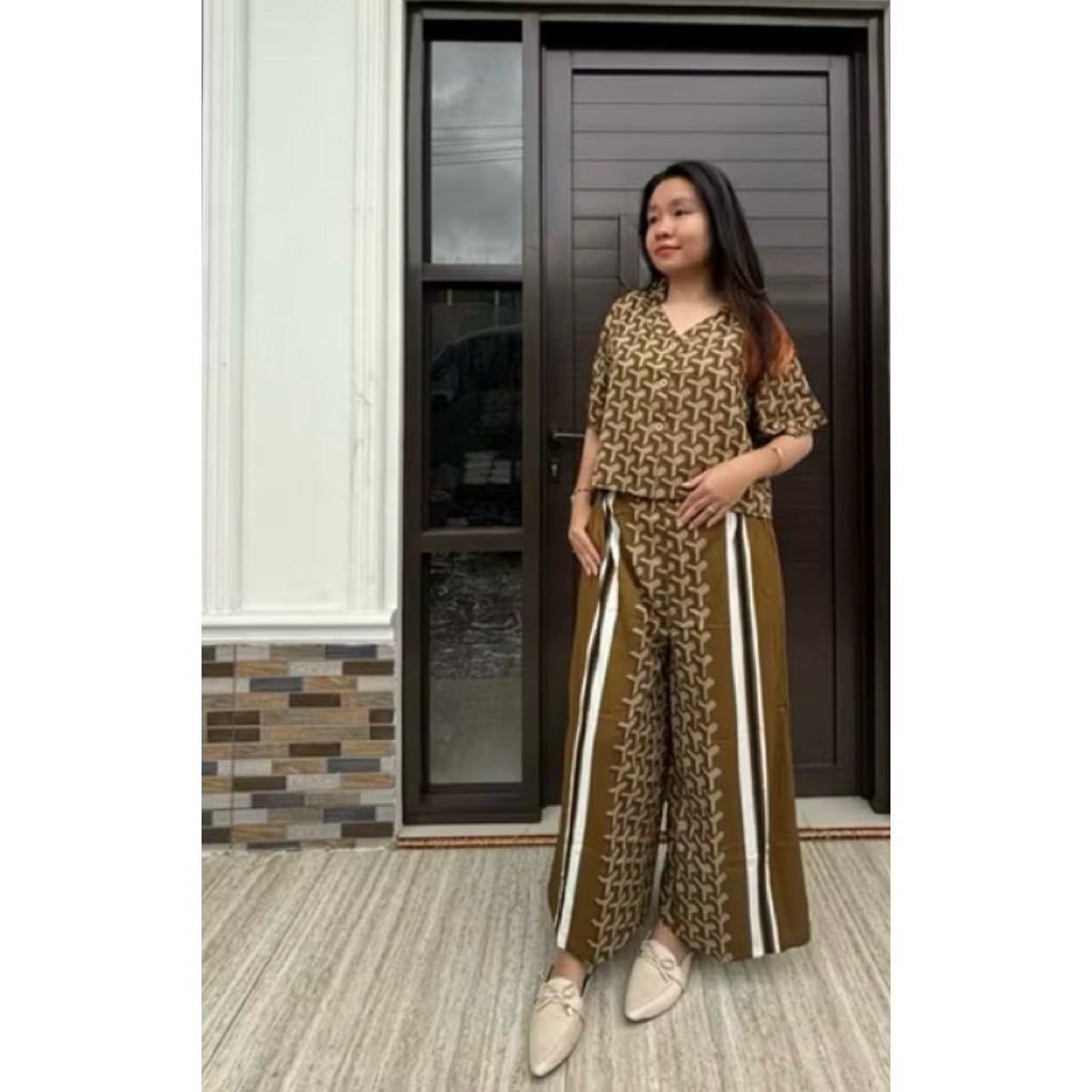 Stelan Crop Rayon Celana Kulot Wanita Full Kancing SetCrop OneSet