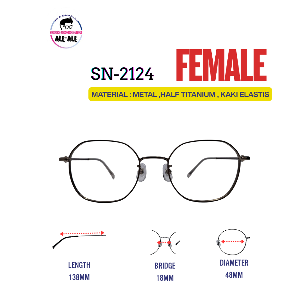 Frame Kacamata Wanita Bulat SN-2124 Metal Half Titanium Ringan