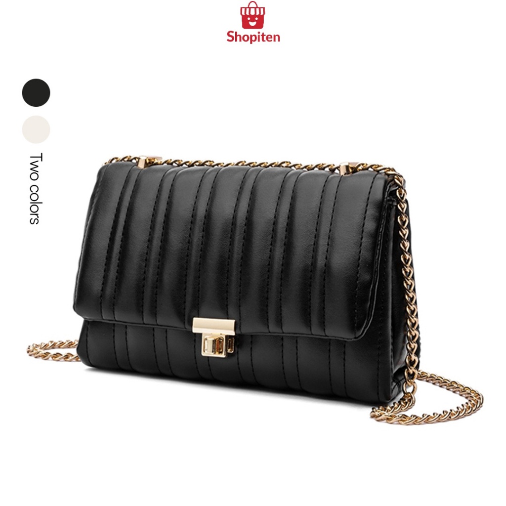 Tas Wanita Lattice Bag Tali Rantai Emas Hitam Mengkilap Kapasitas Muat HP Sling Bag Trend 2025