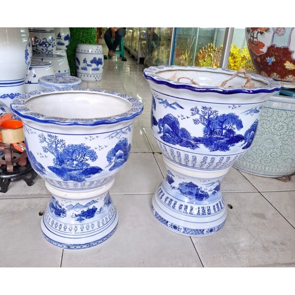 Pot keramik biru putih pemandangan/pot tanaman keramik pot kaki