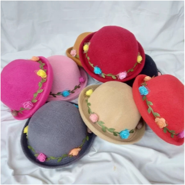 Topi Caplin Mahkota Bunga Anak LCB1 / Topi bunga Anak / Topi bulat bunga / Topi charlie caplin