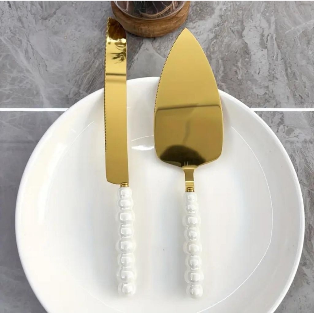 Pisau Kue Set Gold Putih White Spatula Kue Gold Pisau Kue Gold