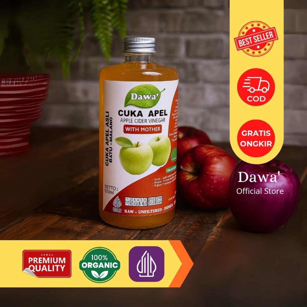cuka apel organik - cuka apel DAWA' 500ml asli batu malang - cuka apel premium - cuka apel murni - c