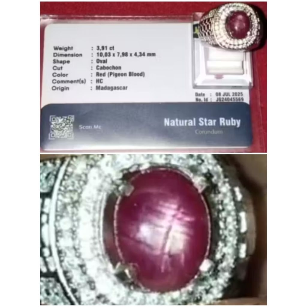 Natural Star Ruby ( Pigeon Blood ) 3,91 Crt + Memo, Kode A50