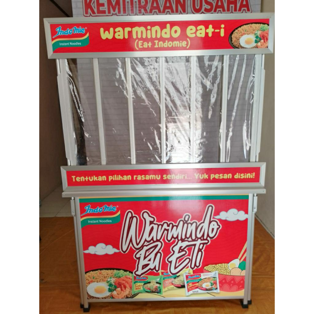 Booth Portable / Meja Lipat / Gerobak Lipat Bongkar Pasang dilengkapi tempat display mie instan, coc
