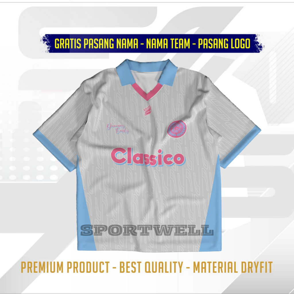 JERSEY RETRO CLASSICO WHITE BLUE COLLAR FULL PRINTING PREMIUM GRATIS PASANG NAMA JERSEY CUSTOM